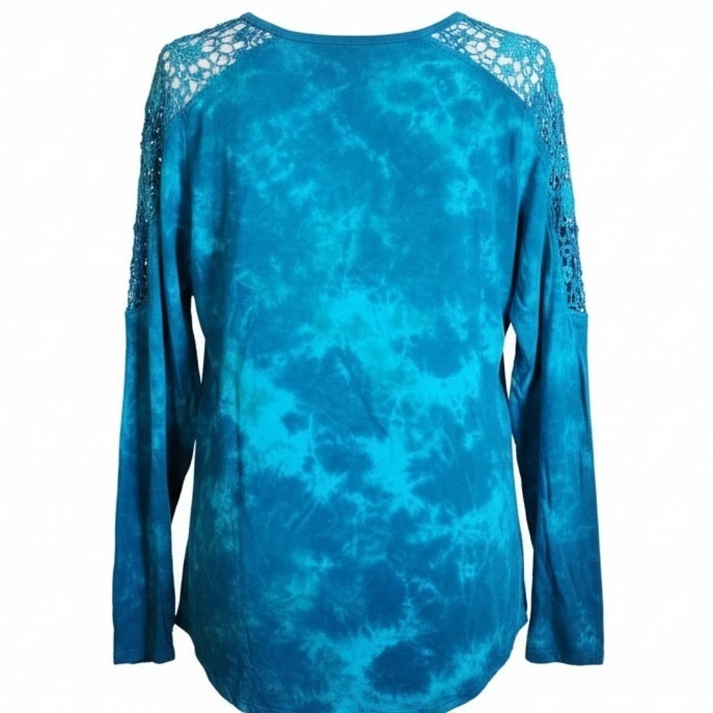 Earth Yoga Tie Dye Crochet Lace Shoulder Top XL Sustainable Organic Cotton Blue